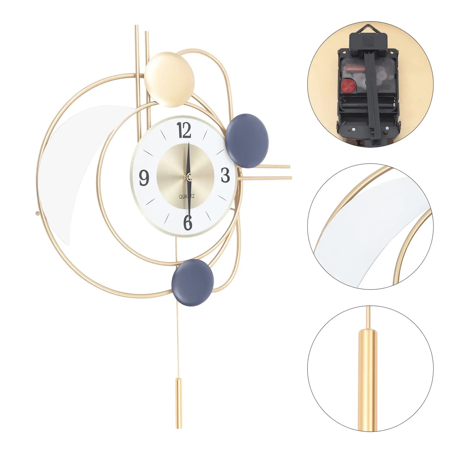 Large Modern Metal Wall Clock With Silent Quartz Movement And Pendulum