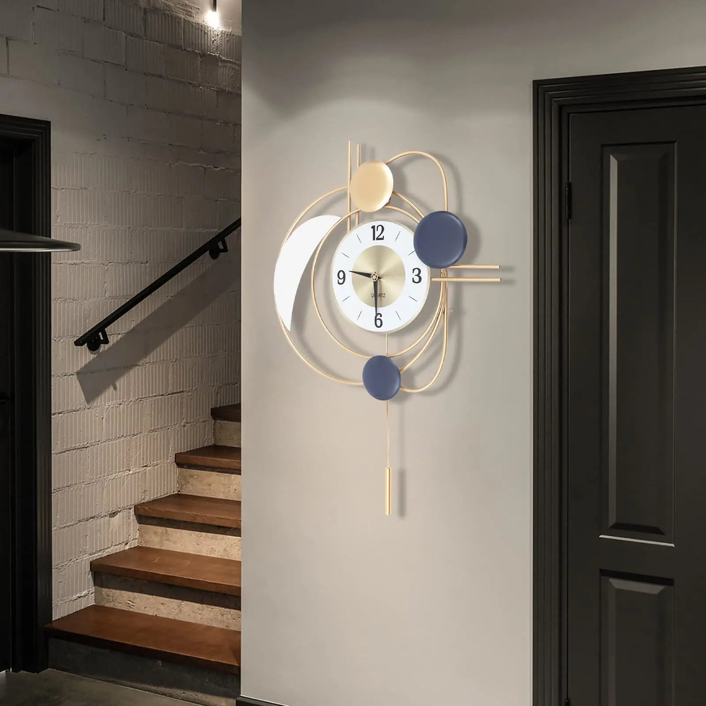 Large Modern Metal Wall Clock With Silent Quartz Movement And Pendulum