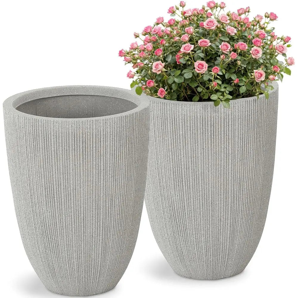 Round Outdoor Planter Set Of 2 Weatherproof With Drainage Hole