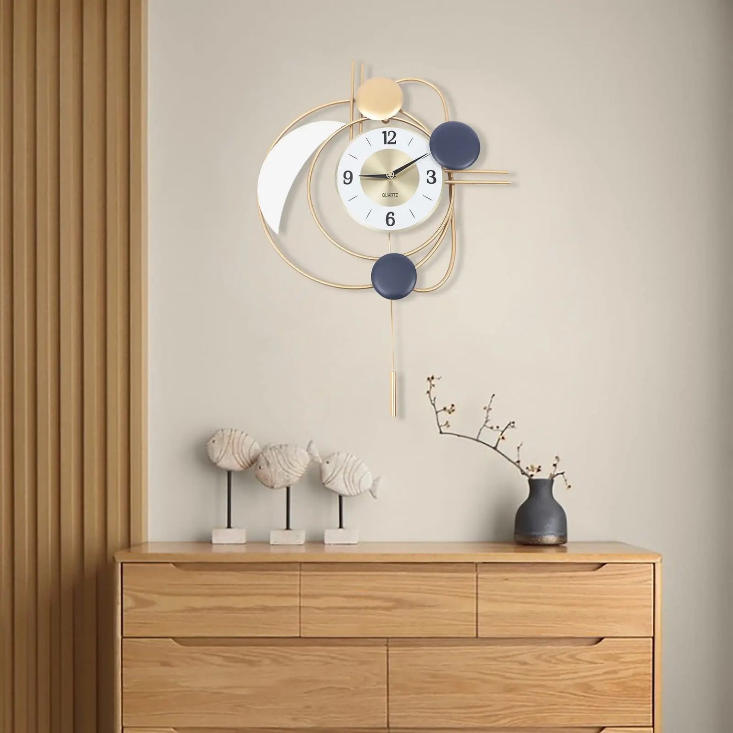 Large Modern Metal Wall Clock With Silent Quartz Movement And Pendulum