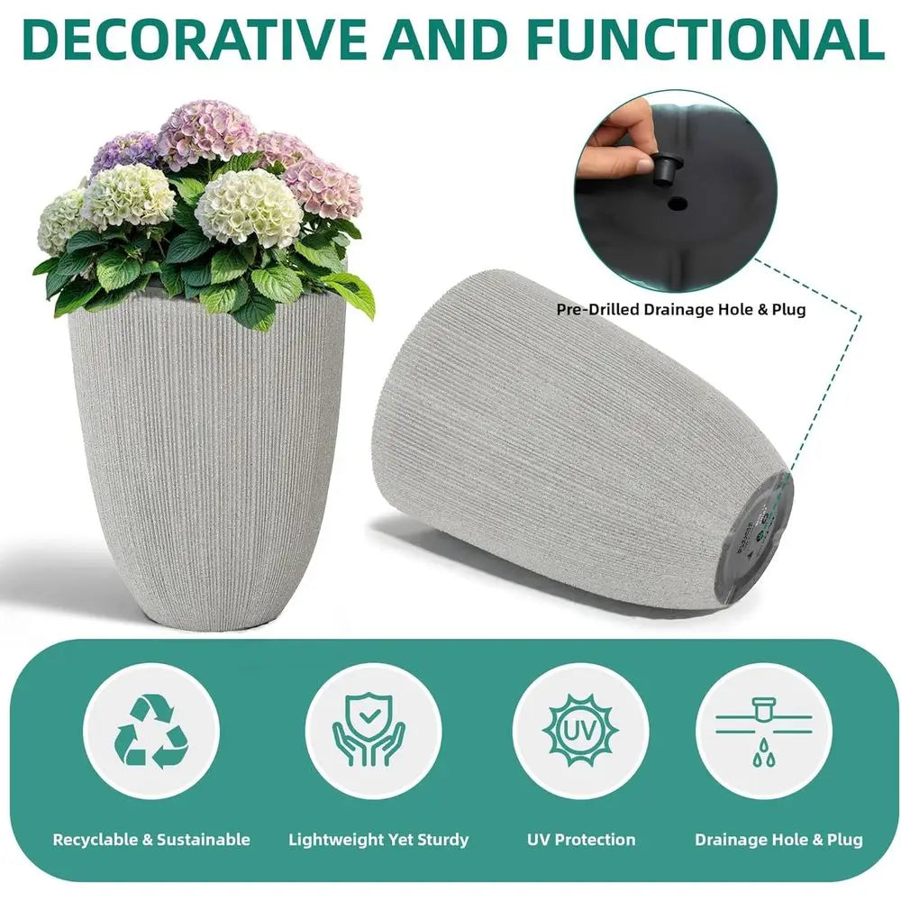 Round Outdoor Planter Set Of 2 Weatherproof With Drainage Hole
