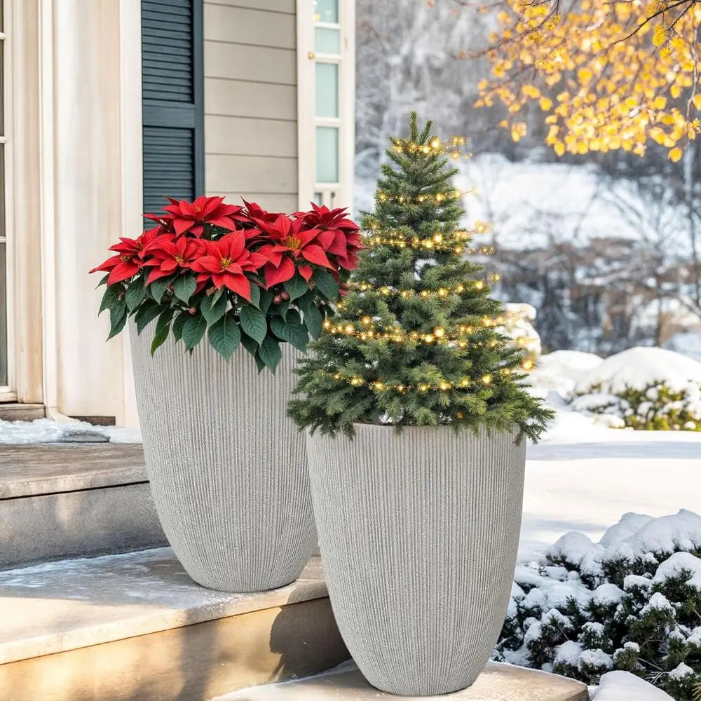 Round Outdoor Planter Set Of 2 Weatherproof With Drainage Hole