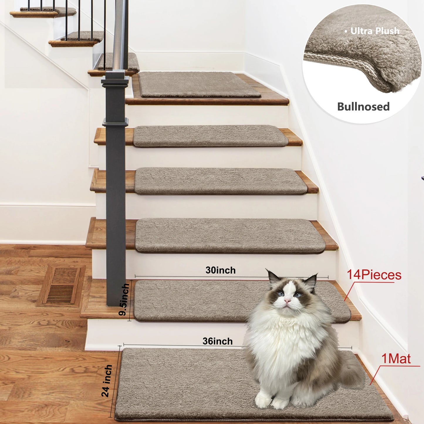 NONECN Bullnose Non Slip Stair Treads Plush Peel Stick Mats