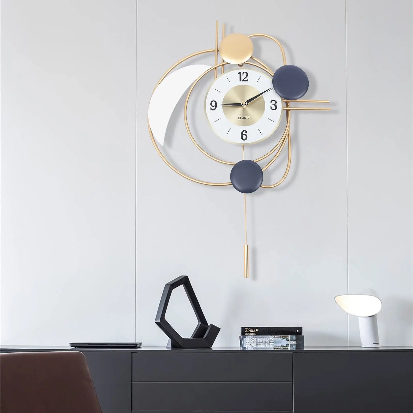 Large Modern Metal Wall Clock With Silent Quartz Movement And Pendulum