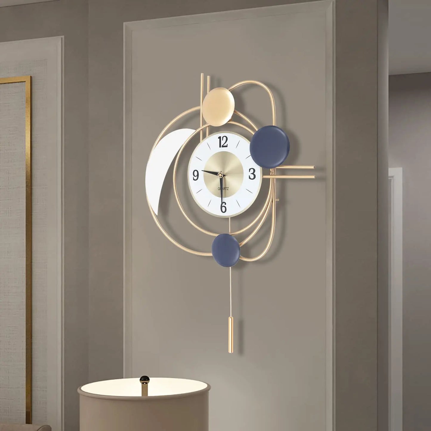 Large Modern Metal Wall Clock With Silent Quartz Movement And Pendulum