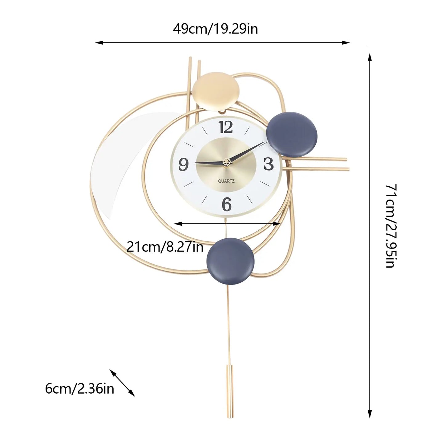 Large Modern Metal Wall Clock With Silent Quartz Movement And Pendulum